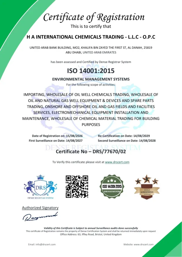 Preview of HA International Chemicals ISO 14001:2015 certificate