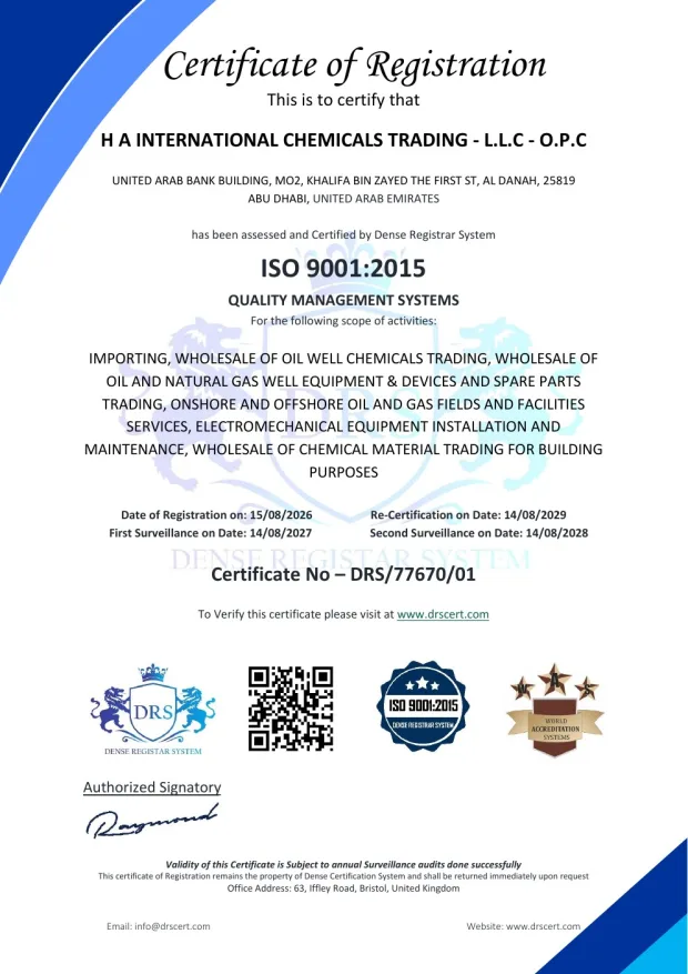 Preview of HA International Chemicals ISO 9001:2015 certificate