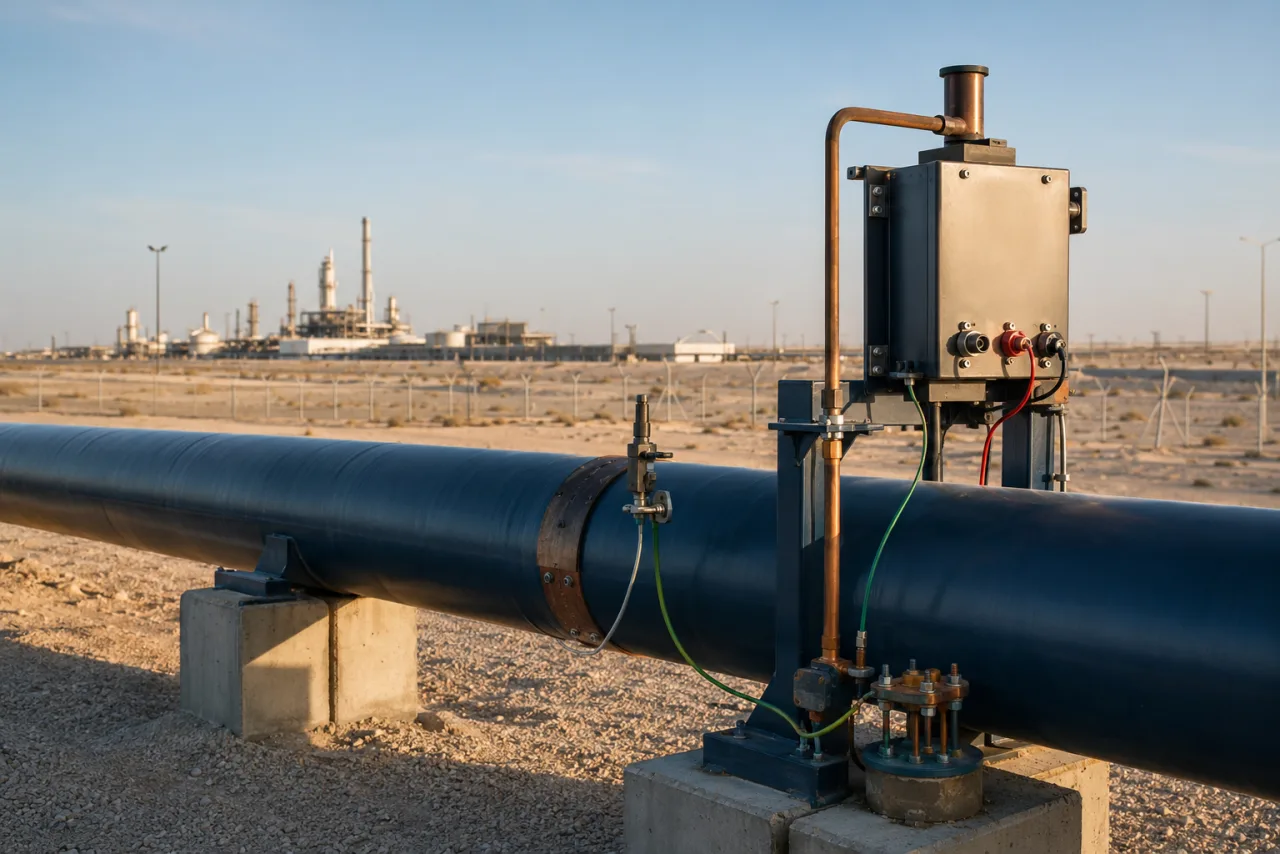 Cathodic protection equipment installed on an industrial pipeline