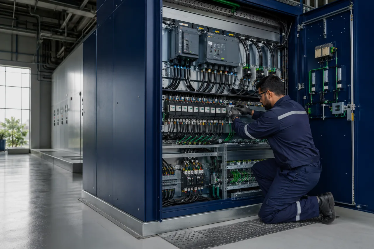 Technician installing industrial electrical switchgear