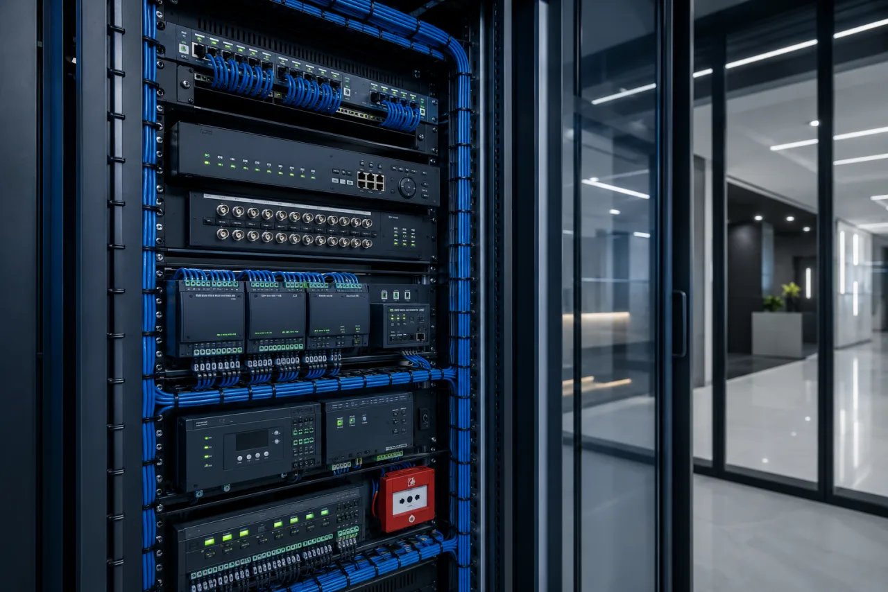 Organized extra-low-voltage control and communications rack